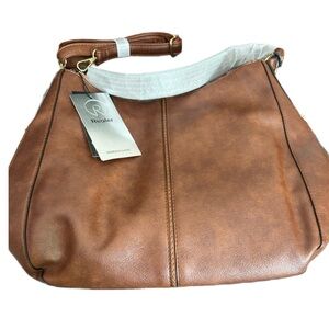 NEW Realer Women's Brown Vegan Leather Hobo or Crossbody Carry All Bag 15” Wide